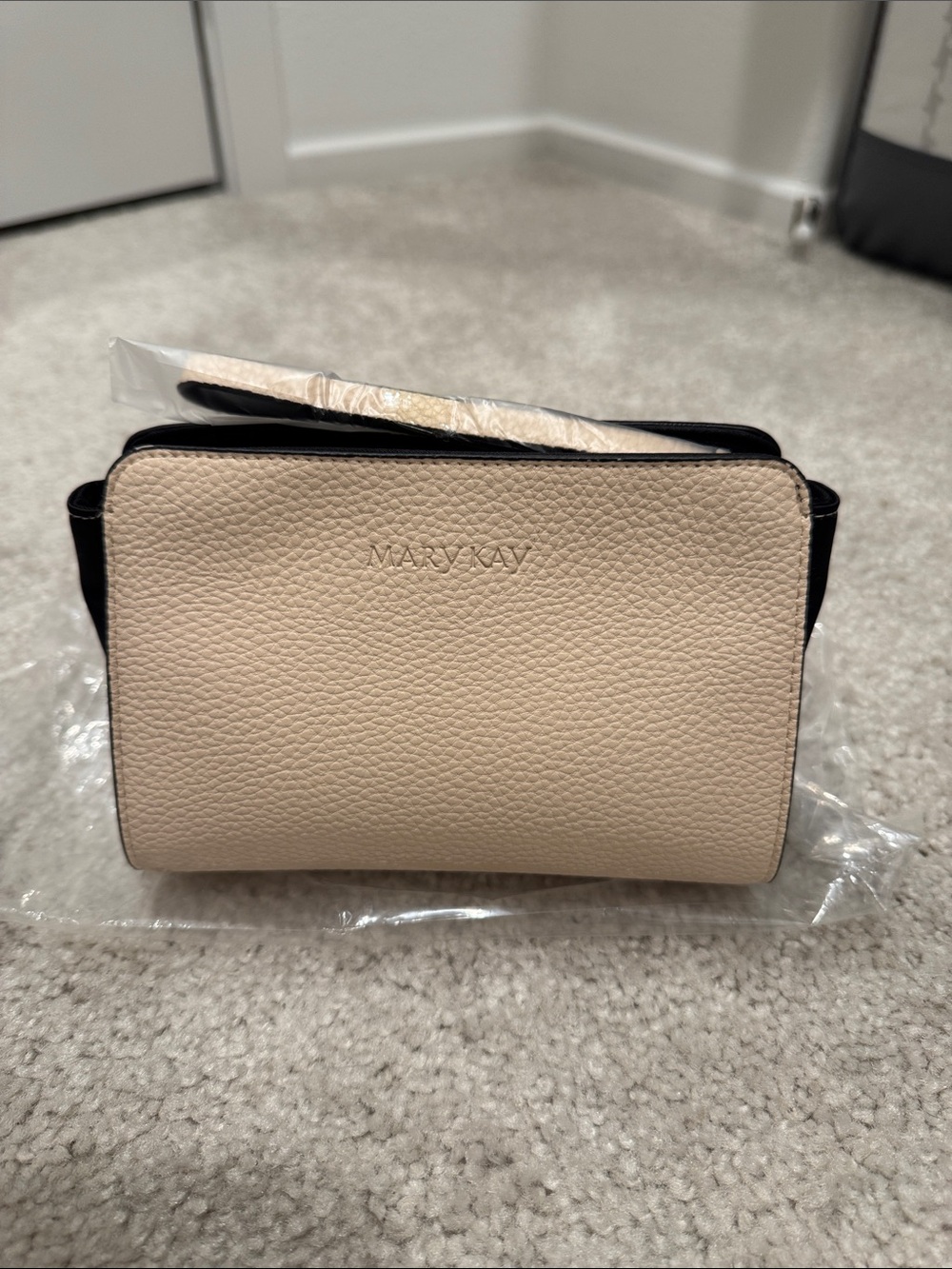 Mary Kay Cream and Black Pebbled Leather Crossbody Purse